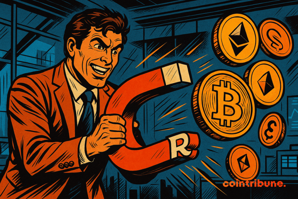Un hombre con traje naranja, sonriendo intensamente, atrae monedas de criptomonedas (Bitcoin, Ethereum).