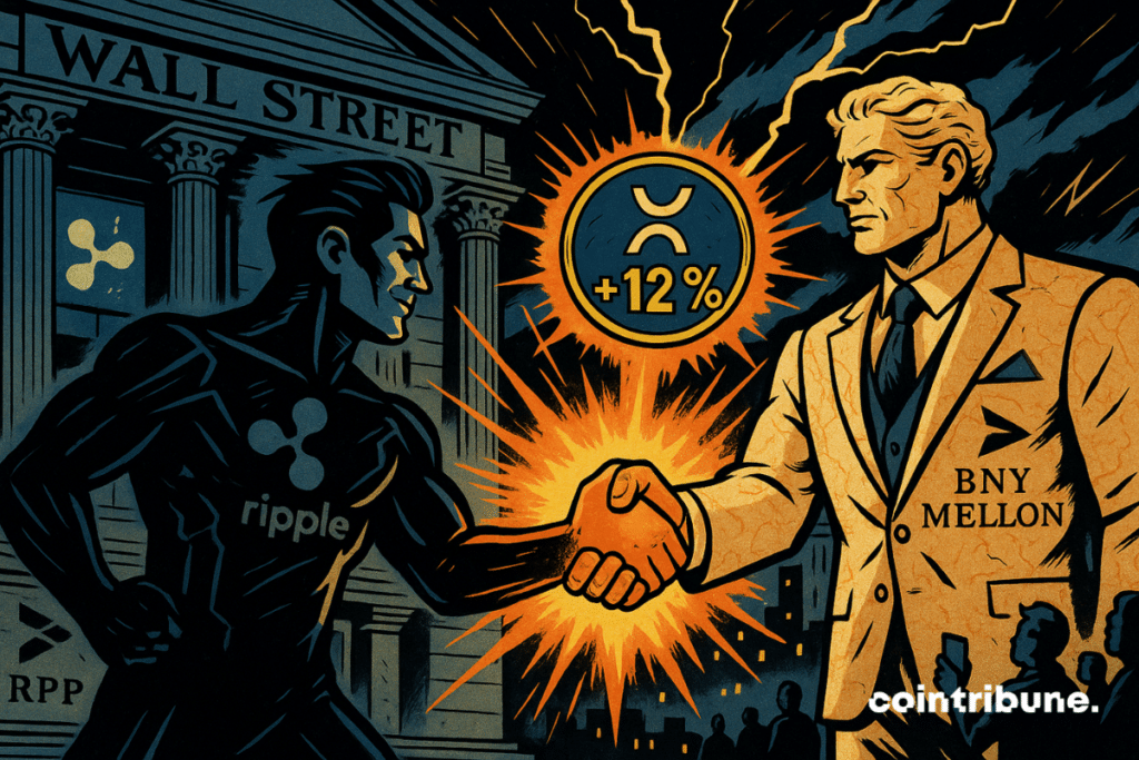 Um aperto de mão titânico entre o representante da Ripple e o da BNY Mellon em Wall Street, simbolizando a parceria estratégica por trás da explosão da criptomoeda XRP.