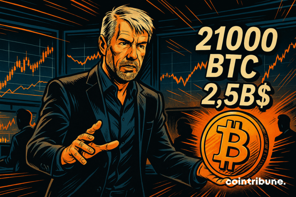 Michael Saylor, in suit, holds a floating bitcoin, with stock charts, numbers "21000 BTC" and "$2.5B".