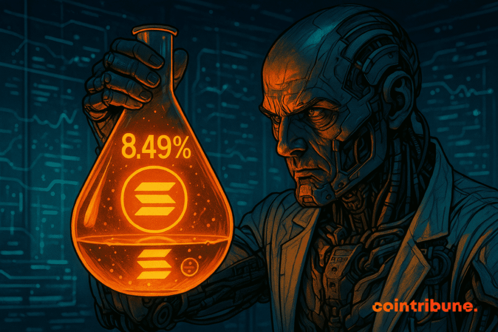 Cyborg scientist analyzes shiny orange vial with Solana logo and “8.49%”. Futuristic laboratory, techno ambience, striking contrast.