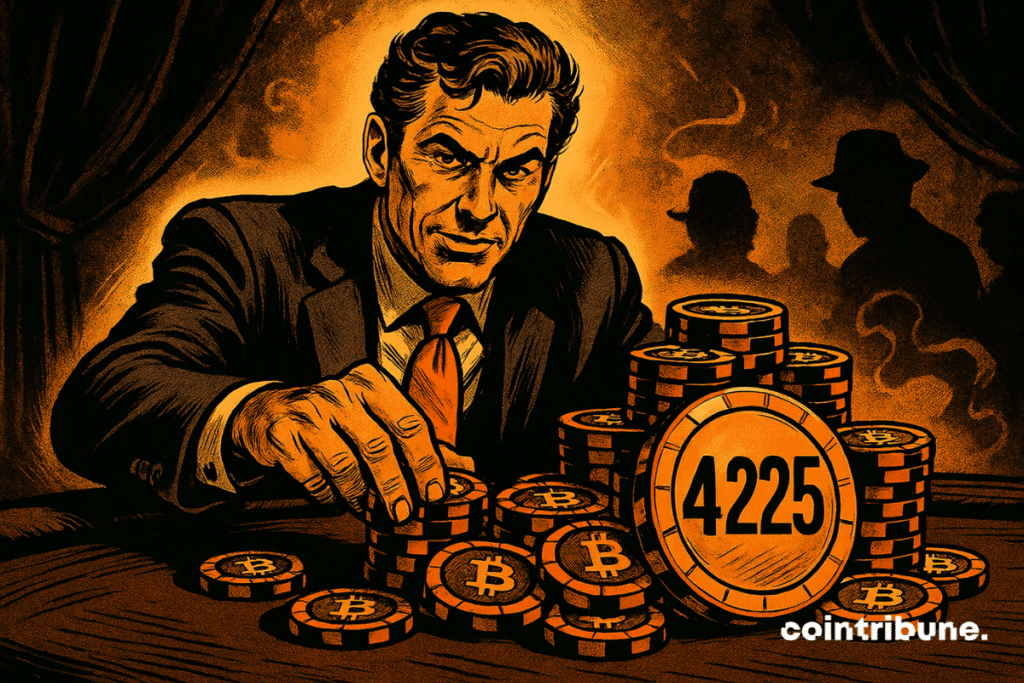 Un tenso estratega apuesta fichas de Bitcoin en una mesa de póquer, bajo una luz naranja, una atmósfera misteriosa y humo.