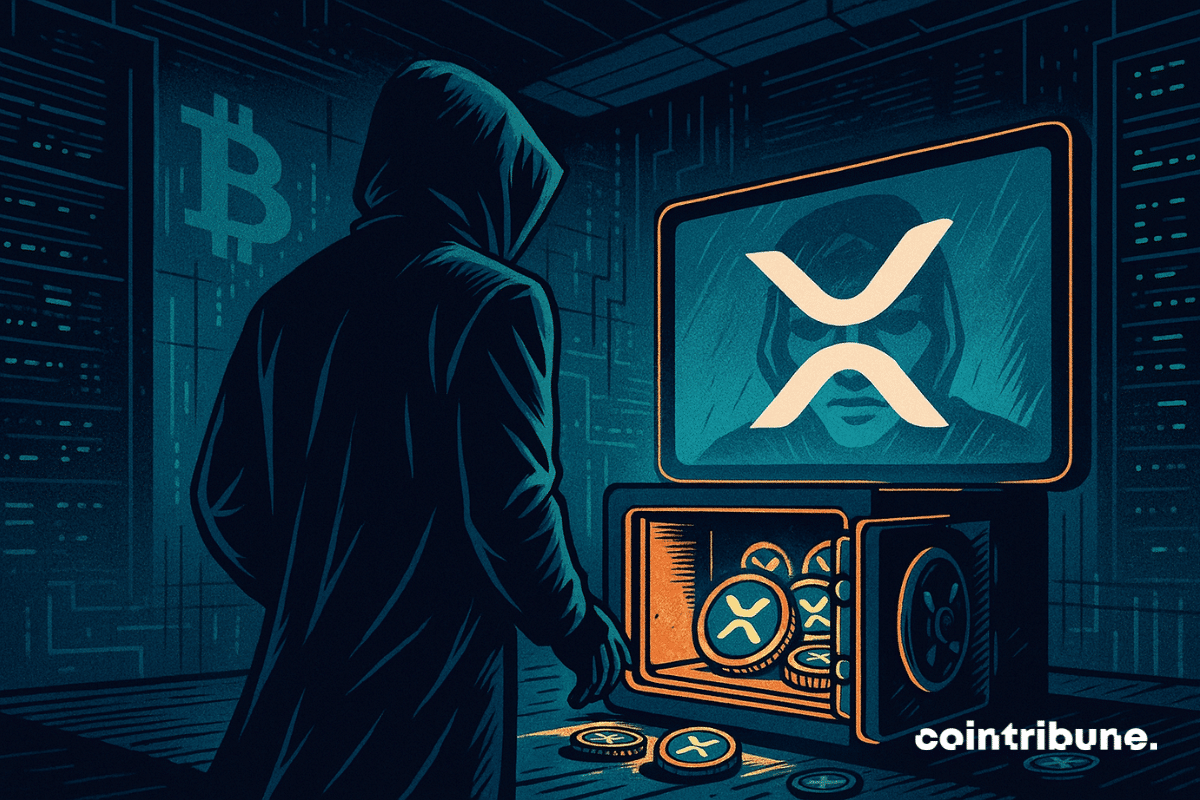 Un personaje del ecosistema criptográfico que representa a Satoshi Nakamoto, con una sudadera negra, visto de espaldas y sin rasgos visibles. Se encuentra frente a una caja fuerte digital abierta, en profunda contemplación. Dentro de la caja fuerte se encuentran tokens XRP estilizados, brillantes y claramente visibles. Una pantalla curva muestra el reflejo borroso de un rostro indistinguible con el logo brillante de XRP.Un personaje del ecosistema criptográfico que representa a Satoshi Nakamoto, con una sudadera negra, visto de espaldas y sin rasgos visibles. Se encuentra frente a una caja fuerte digital abierta, en profunda contemplación. Dentro de la caja fuerte se encuentran tokens XRP estilizados, brillantes y claramente visibles. Una pantalla curva muestra el reflejo borroso de un rostro indistinguible con el logo brillante de XRP.