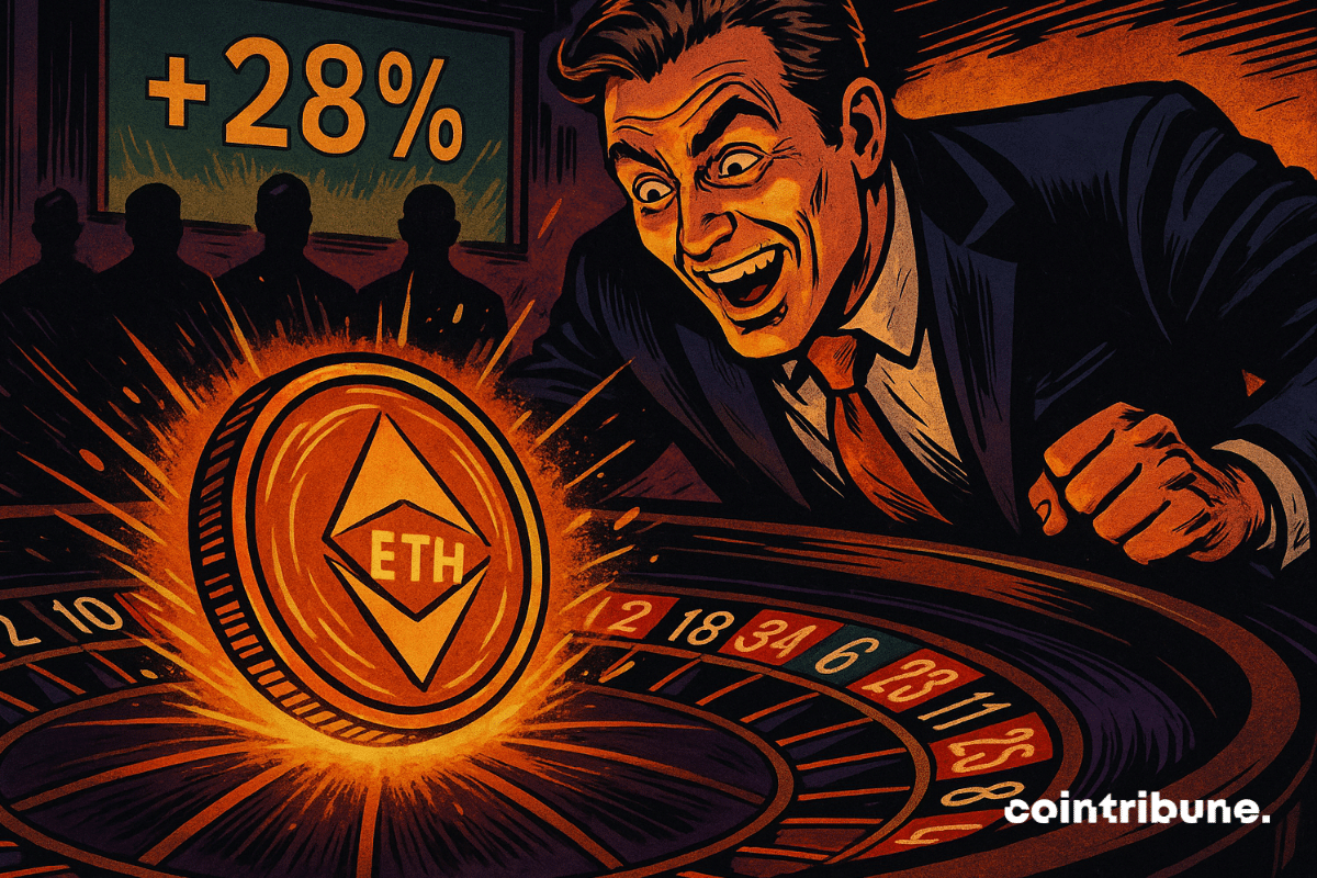 SharpLink jette une pièce Ethereum sur une table de roulette dans une scène de casino crypto de style années 70.