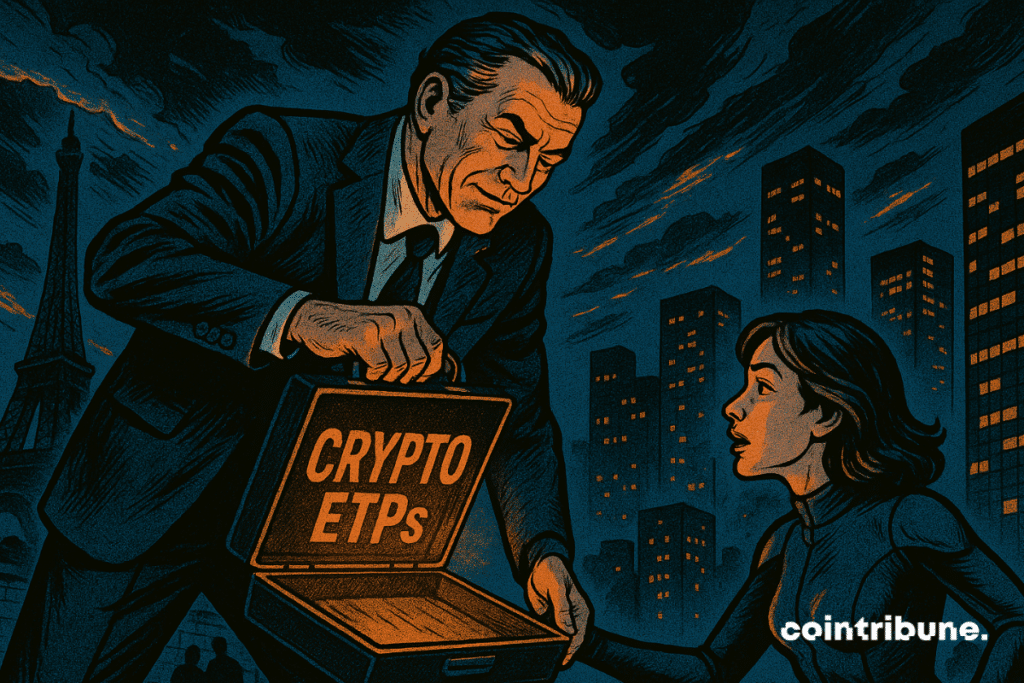 A businessman hands over a glowing briefcase labeled "CRYPTO ETPs" to a surprised woman, with the Eiffel Tower and Paris skyline in the background.