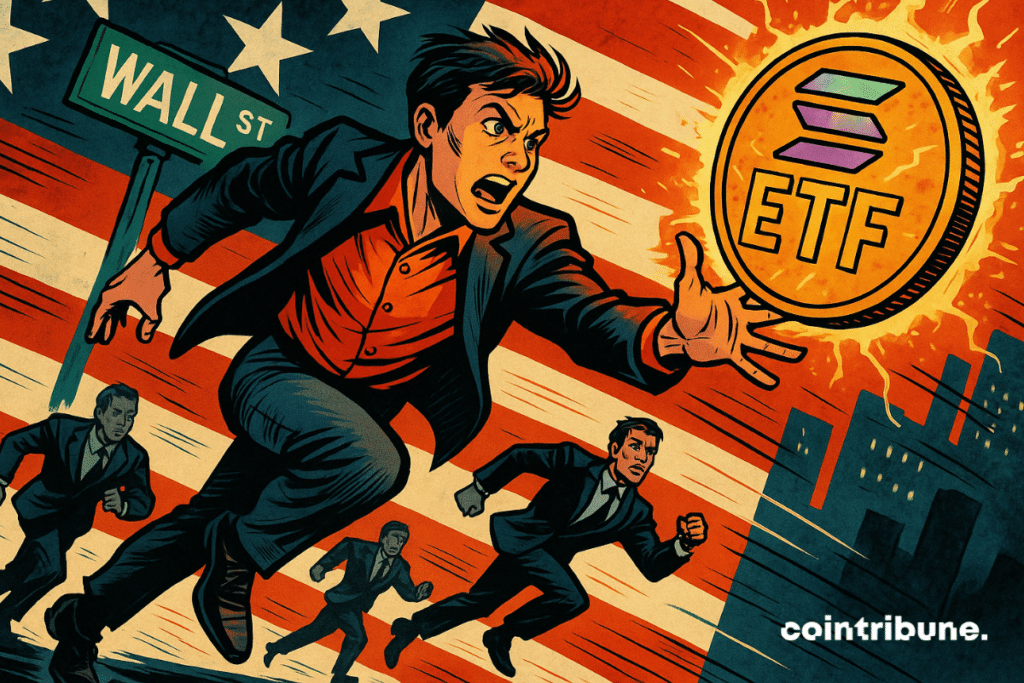 Un joven inversor salta hacia una brillante moneda ETF de Solana mientras otros corren detrás de él.