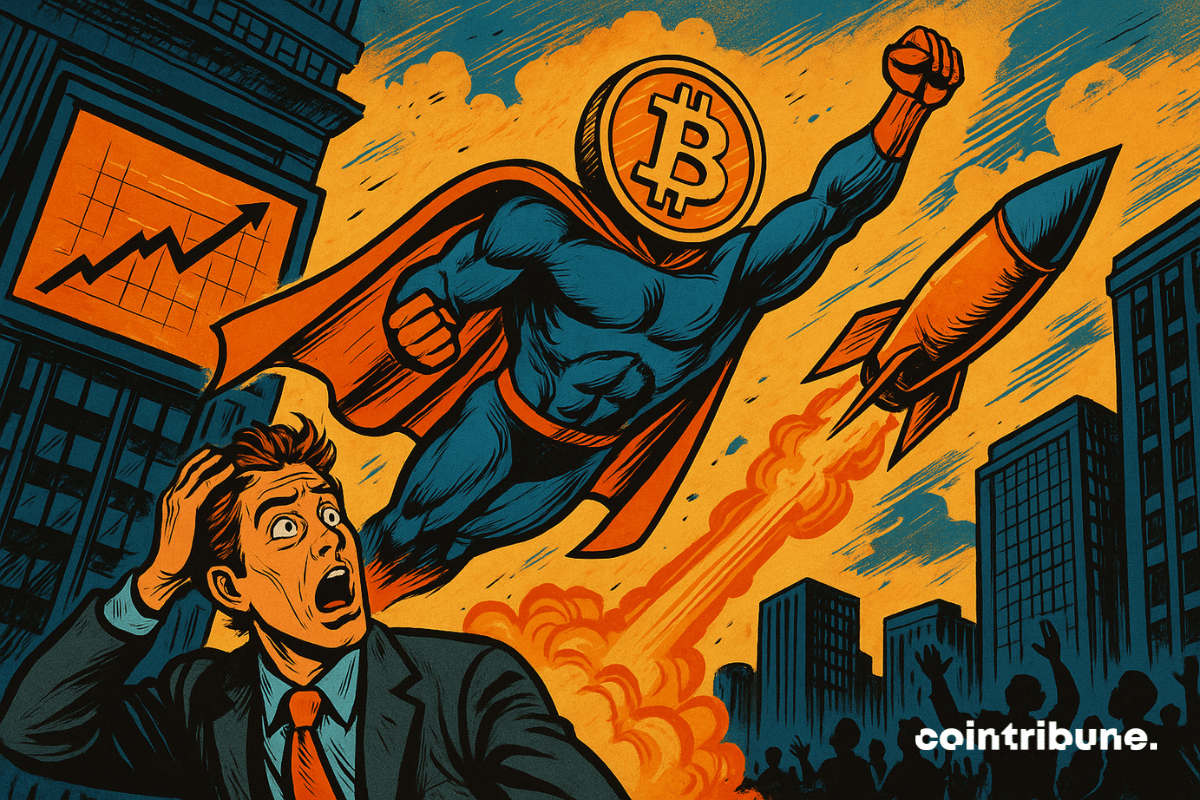 A imagem mostra um super-herói com cabeça de Bitcoin subindo ao céu como um foguete, simbolizando a explosão dos mercados.
