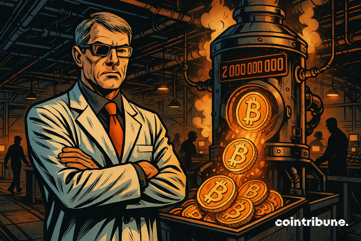 Um homem de jaleco branco e gravata laranja, inspirado em Michael Saylor, está de braços cruzados em frente a uma máquina industrial que está cunhando moedas de Bitcoin.
