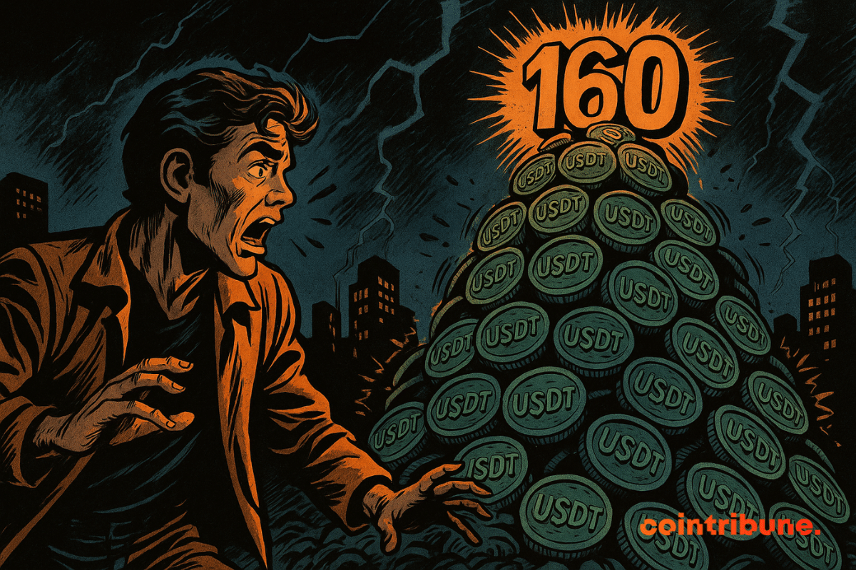 A panicked man faces a mountain of USDT coins topped by a luminous “160”, under a stormy sky.