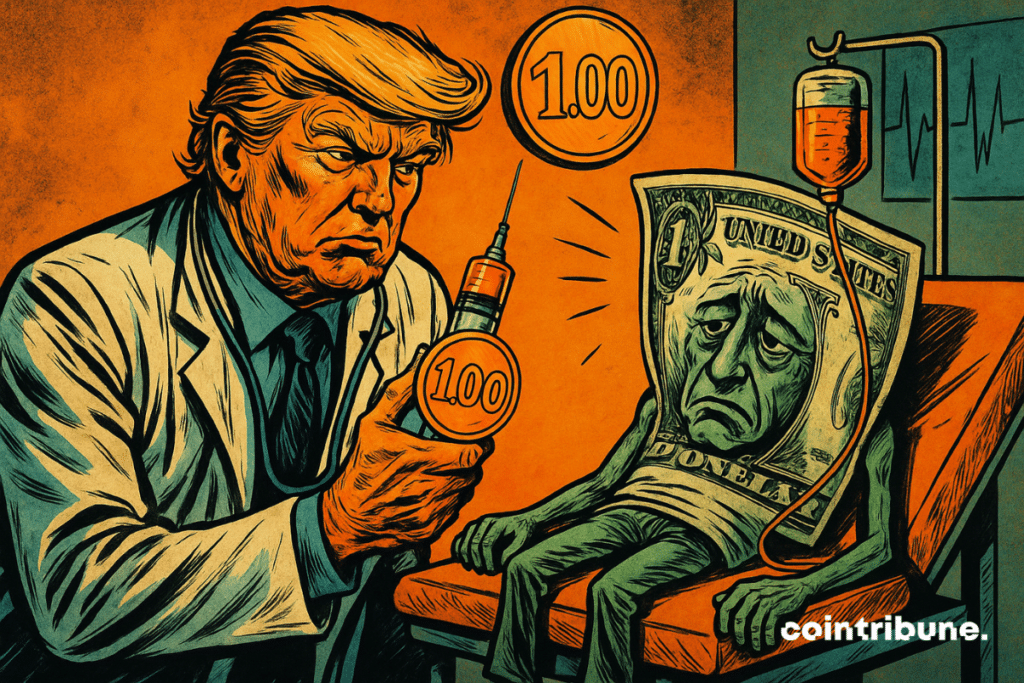 El doctor Trump inyecta una stablecoin «1,00» a un dólar enfermo, tumbado sobre una mesa naranja, en un ambiente dramático de los años 70.