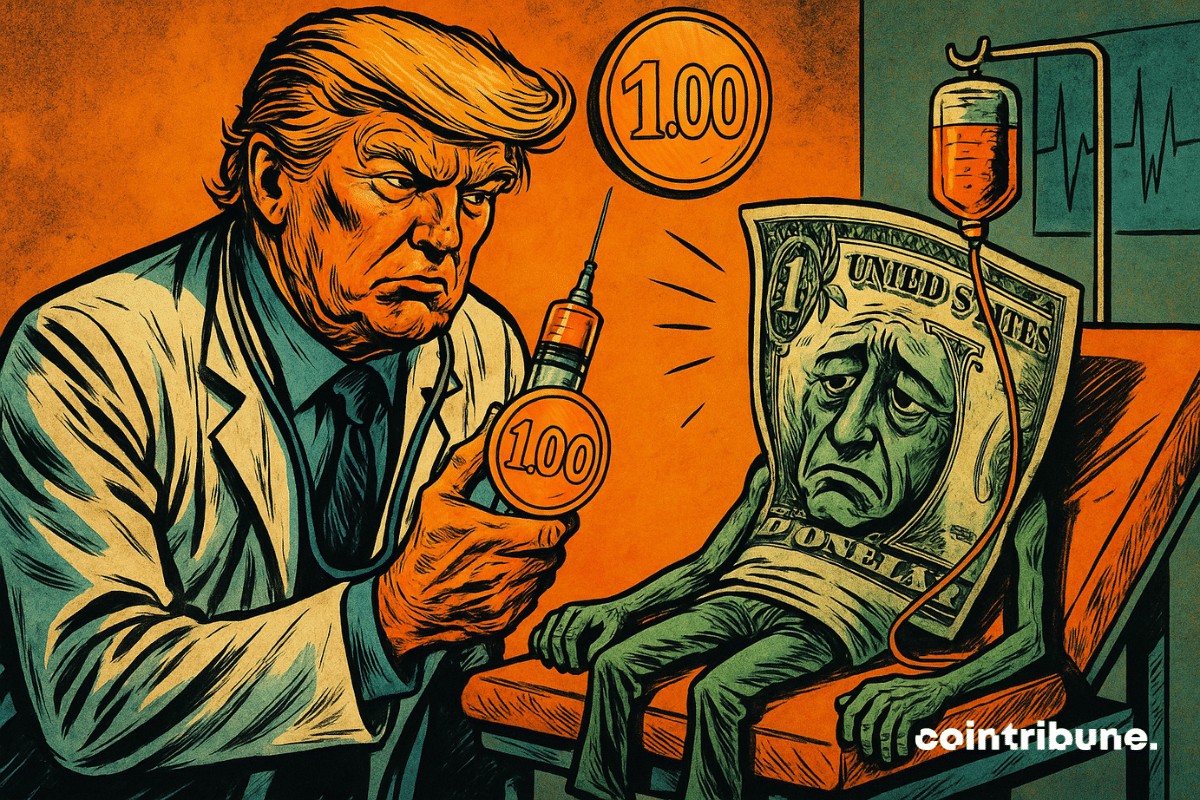 Trump doctor injects a “1.00” stablecoin into a sick dollar, lying on an orange table, dramatic 70s ambience.