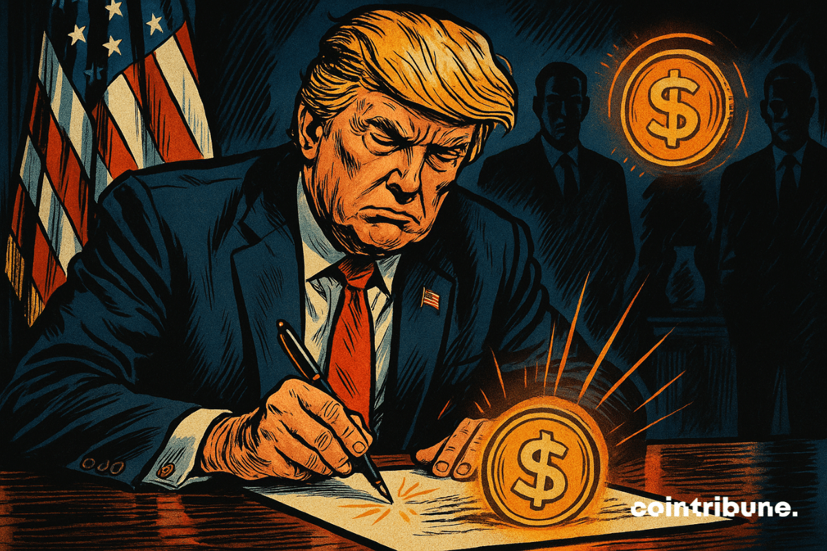 Trump assina um documento oficial, com o rosto concentrado, sob uma luz dramática. Uma stablecoin laranja brilha intensamente na frente dele.