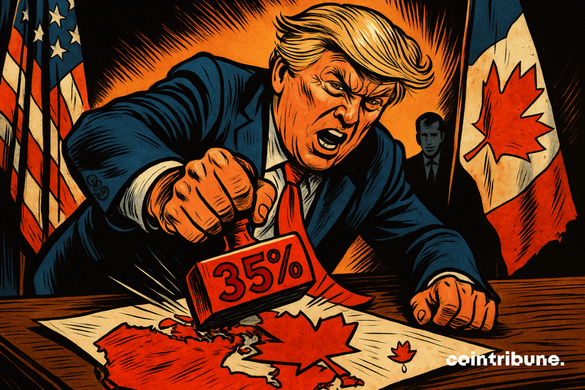 Um Trump furioso esmaga um selo de “35%” em um mapa do Canadá, entre duas bandeiras, em uma cena explosiva.