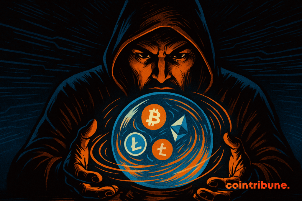 Oráculo misterioso segurando uma bola de cristal brilhante com símbolos de criptomoedas girando, representando a tokenização.