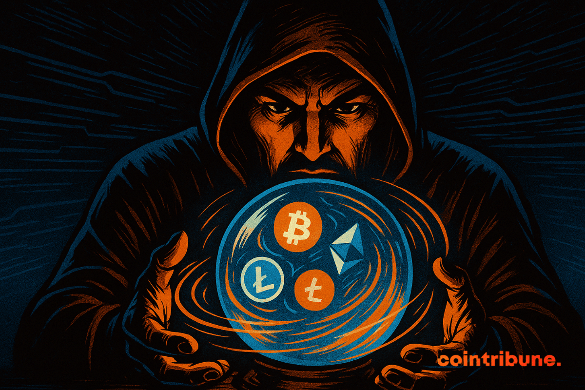 Oráculo misterioso segurando uma bola de cristal brilhante com símbolos de criptomoedas girando, representando a tokenização.