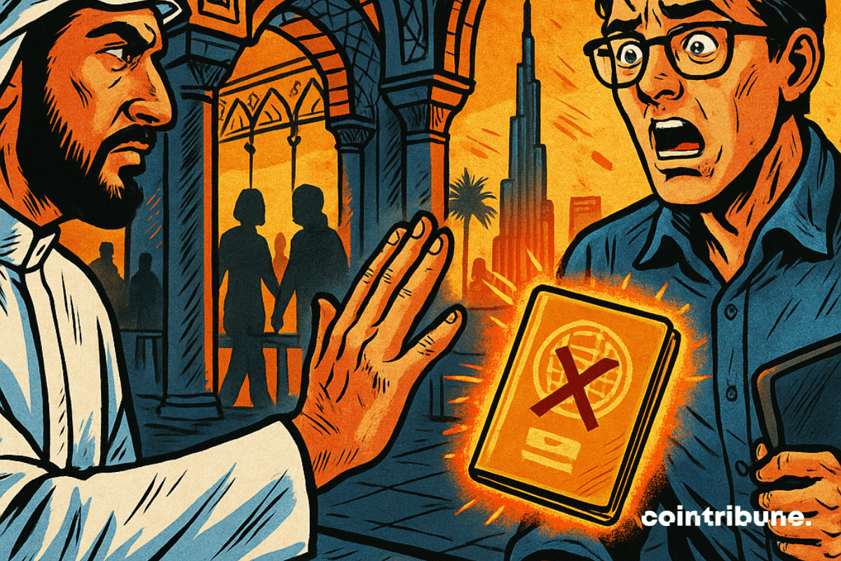 An Emirati customs officer blocks a crypto-shocked man holding a rejected golden passport.