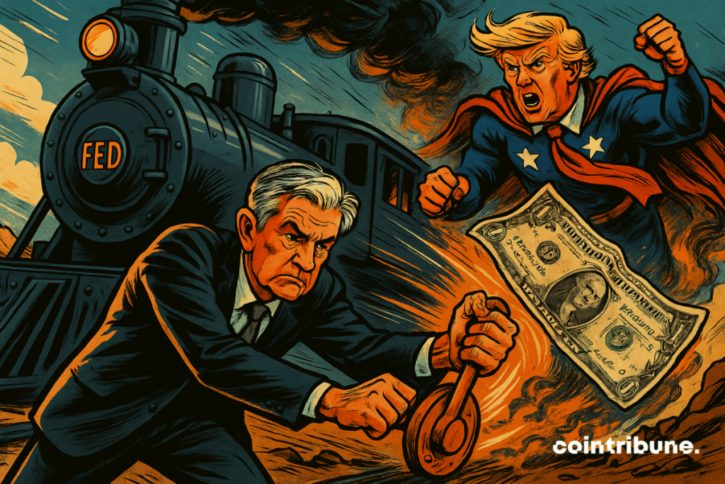 Powell freia uma locomotiva marcada com "FED" enquanto Trump, como um super-herói furioso, brande um dólar deformado, semeando o caos no mercado de ações.