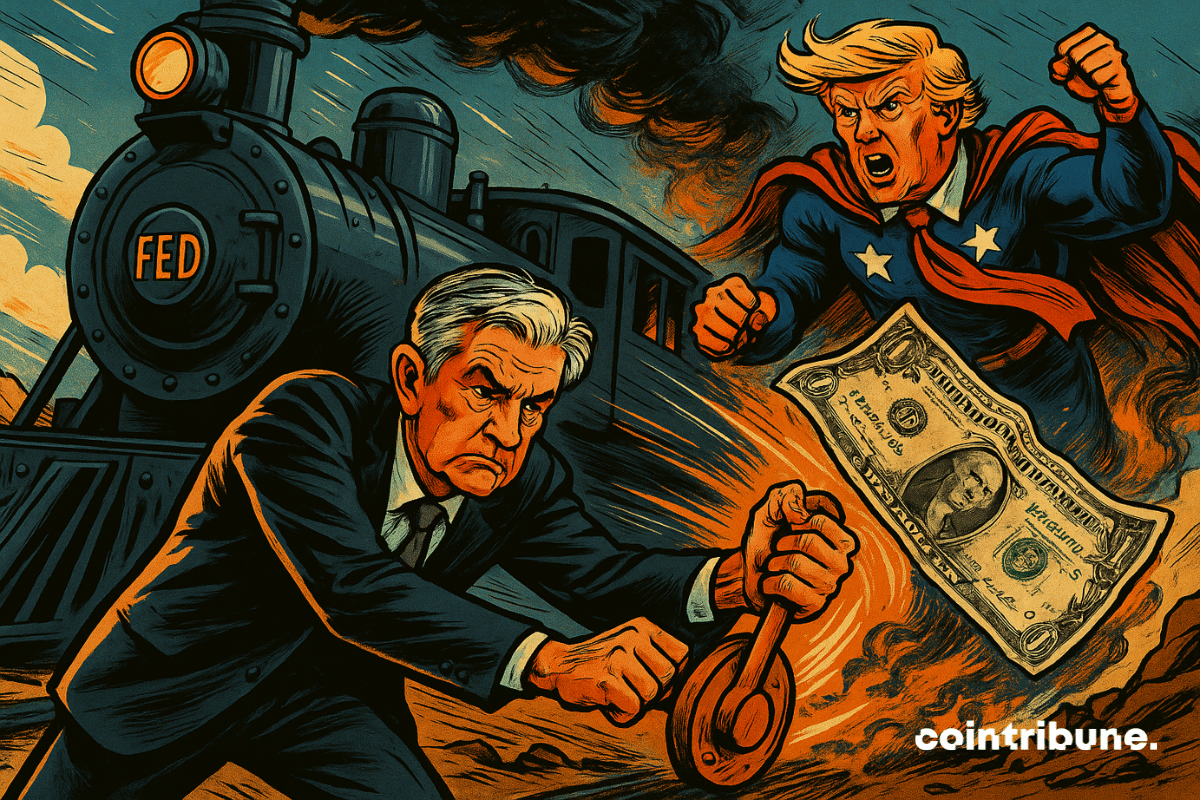 Powell freia uma locomotiva marcada com "FED" enquanto Trump, como um super-herói furioso, brande um dólar deformado, semeando o caos no mercado de ações.