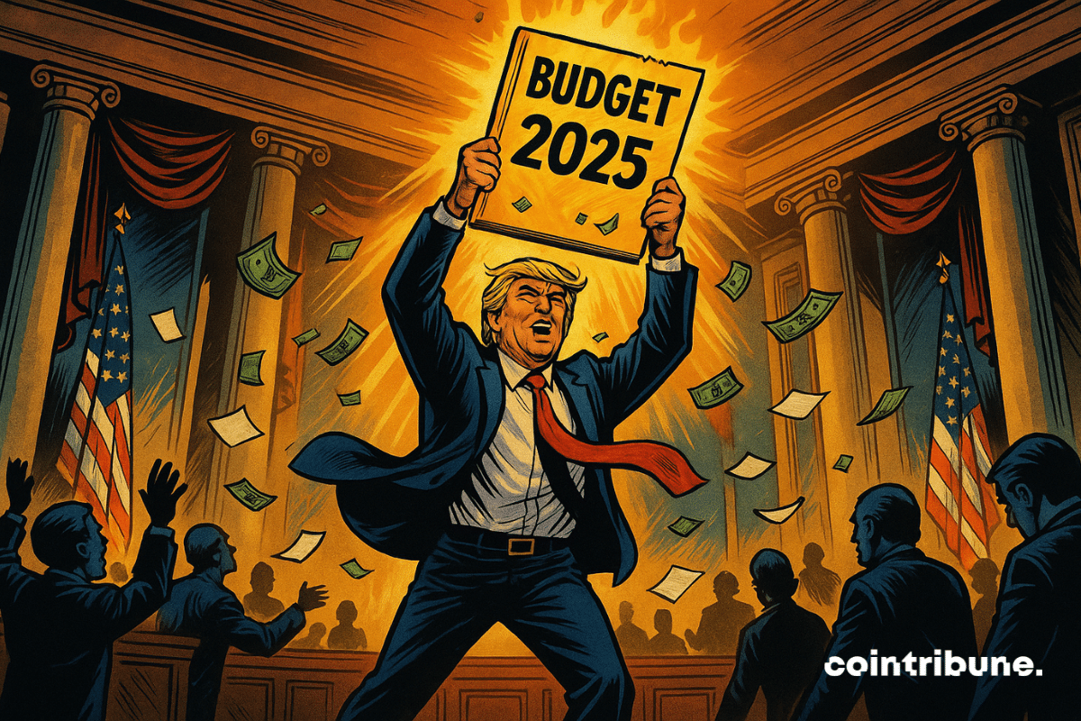 Donald Trump erguendo um gigantesco documento “Orçamento 2025”, simbolizando a aprovação de sua lei orçamentária.