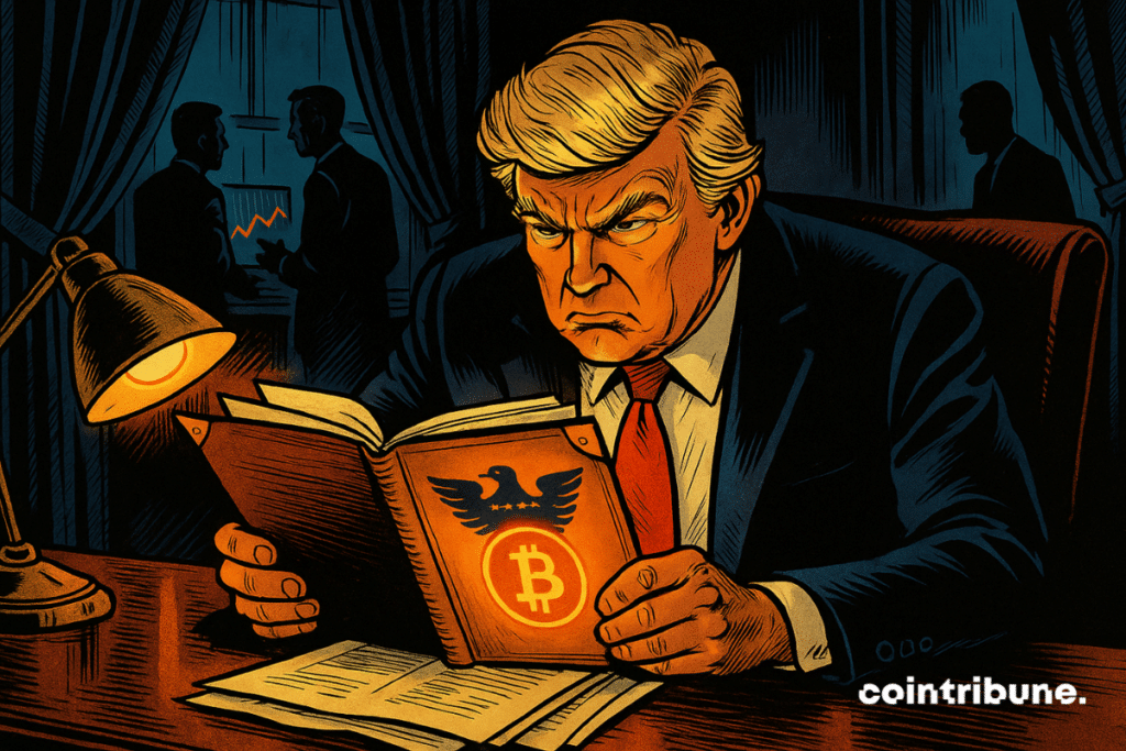 Dentro de una oficina presidencial, un personaje inspirado en Trump observa un informe con un símbolo cripto.
