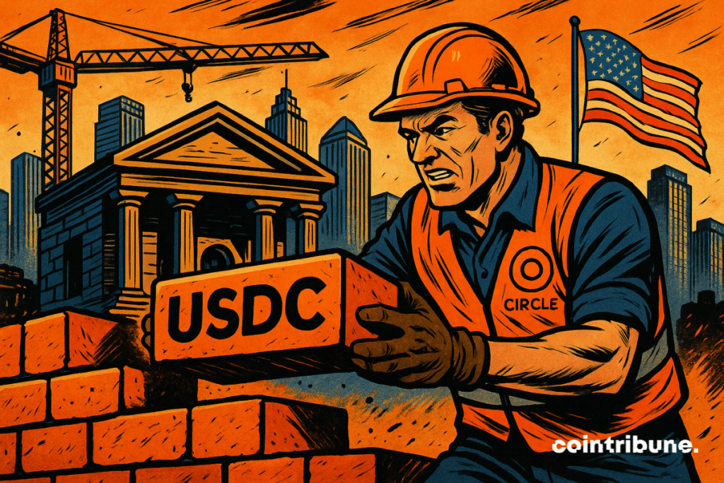 The illustration shows a determined worker wearing a helmet and an orange vest labeled “Circle”, placing a giant brick stamped “USDC”.