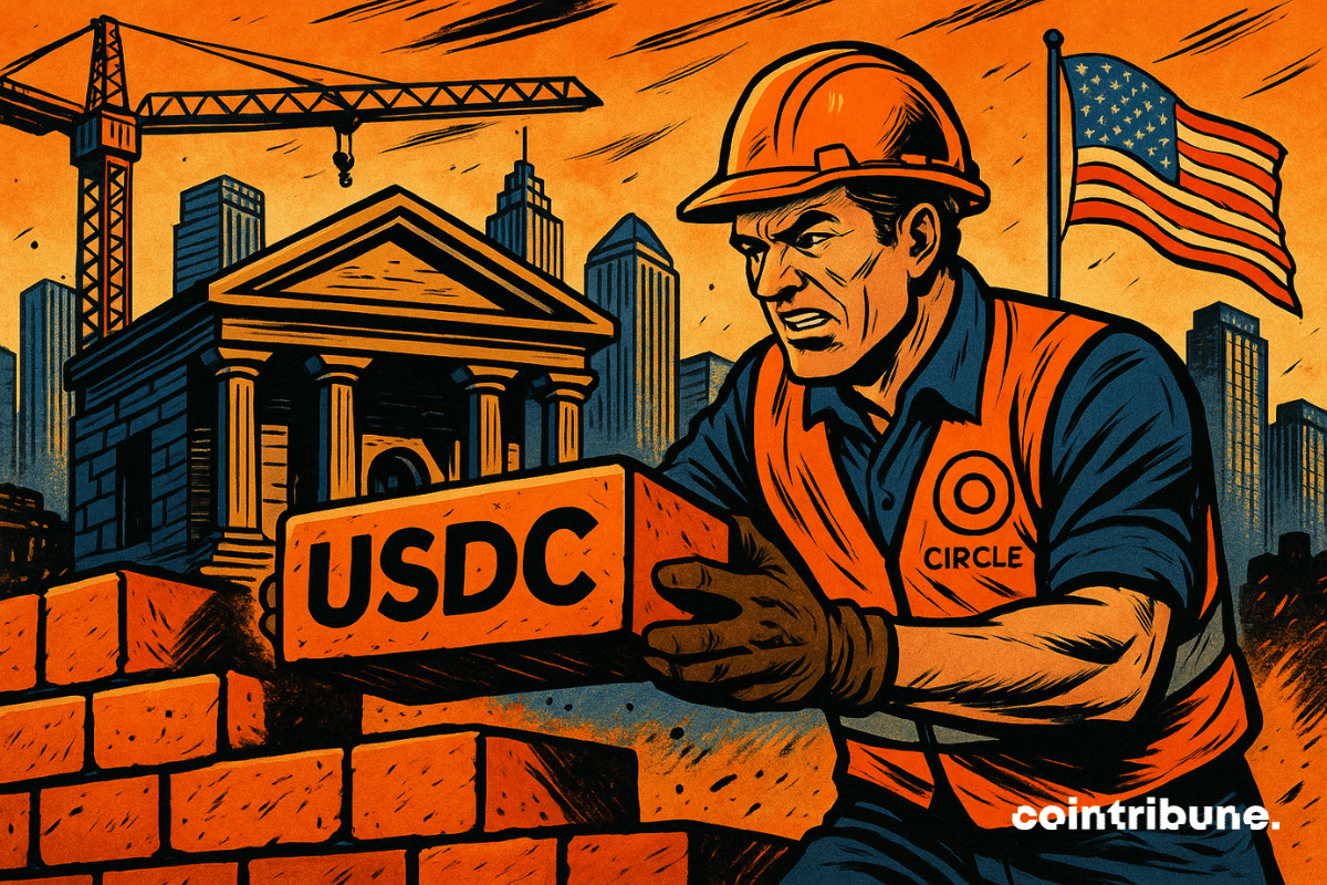 The illustration shows a determined worker wearing a helmet and an orange vest labeled “Circle”, placing a giant brick stamped “USDC”.
