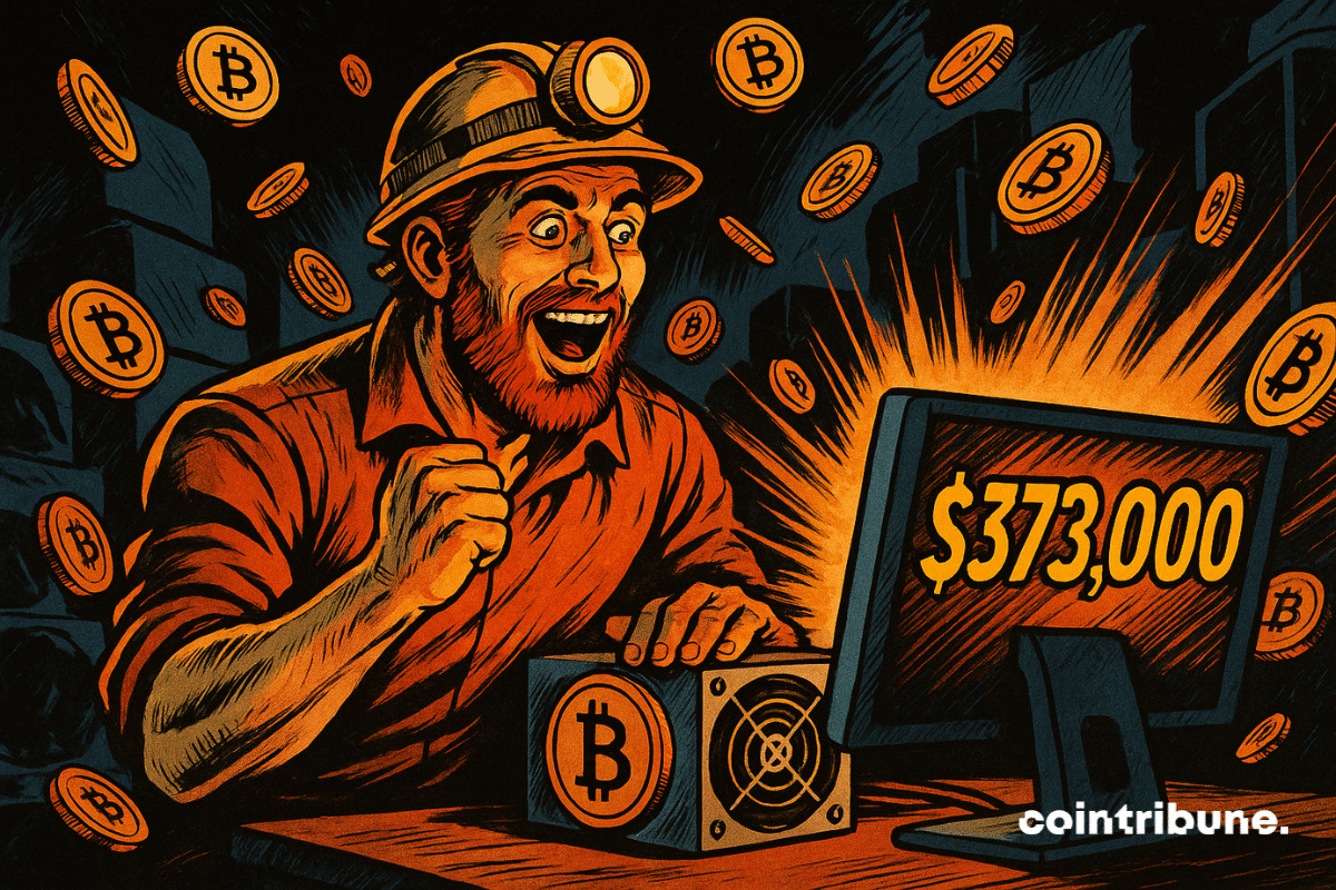Um minerador solitário explode de alegria quando sua tela exibe US$ 373.000, simbolizando sua vitória inesperada no mundo implacável da mineração de Bitcoin.