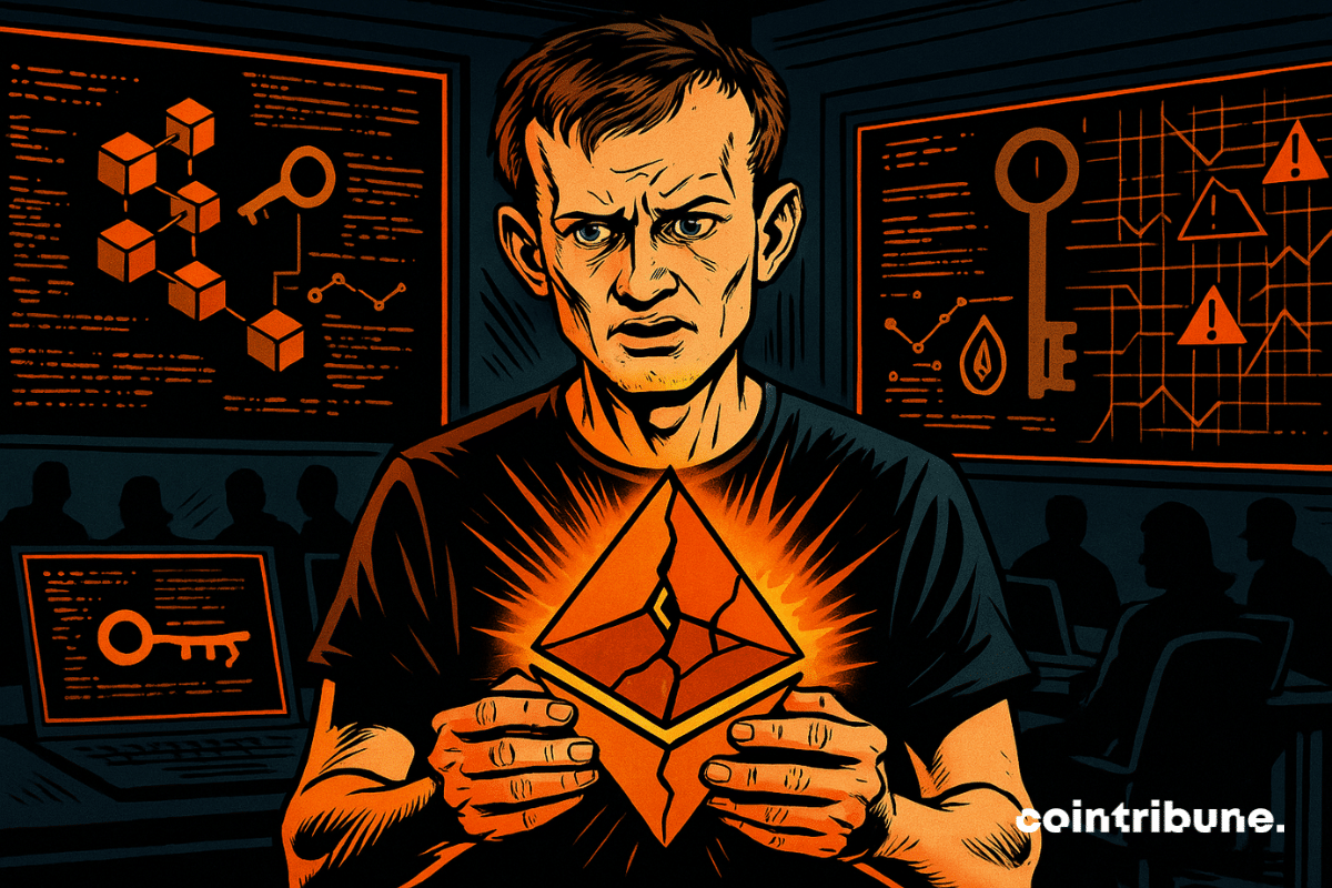 Vitalik Buterin, preocupado, segura um logotipo rachado da Ethereum, enquanto gráficos e silhuetas escuros preenchem o fundo.