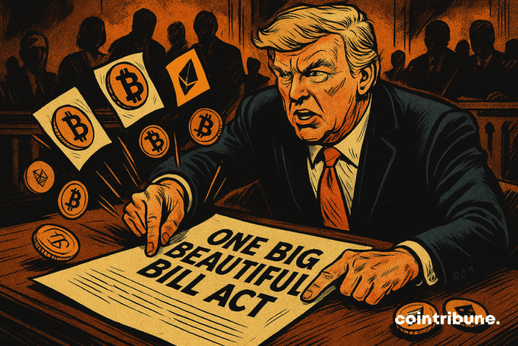 Frustrated Donald Trump points to a legislative document, surrounded by floating cryptocurrencies, in a dramatic and energetic scene.
