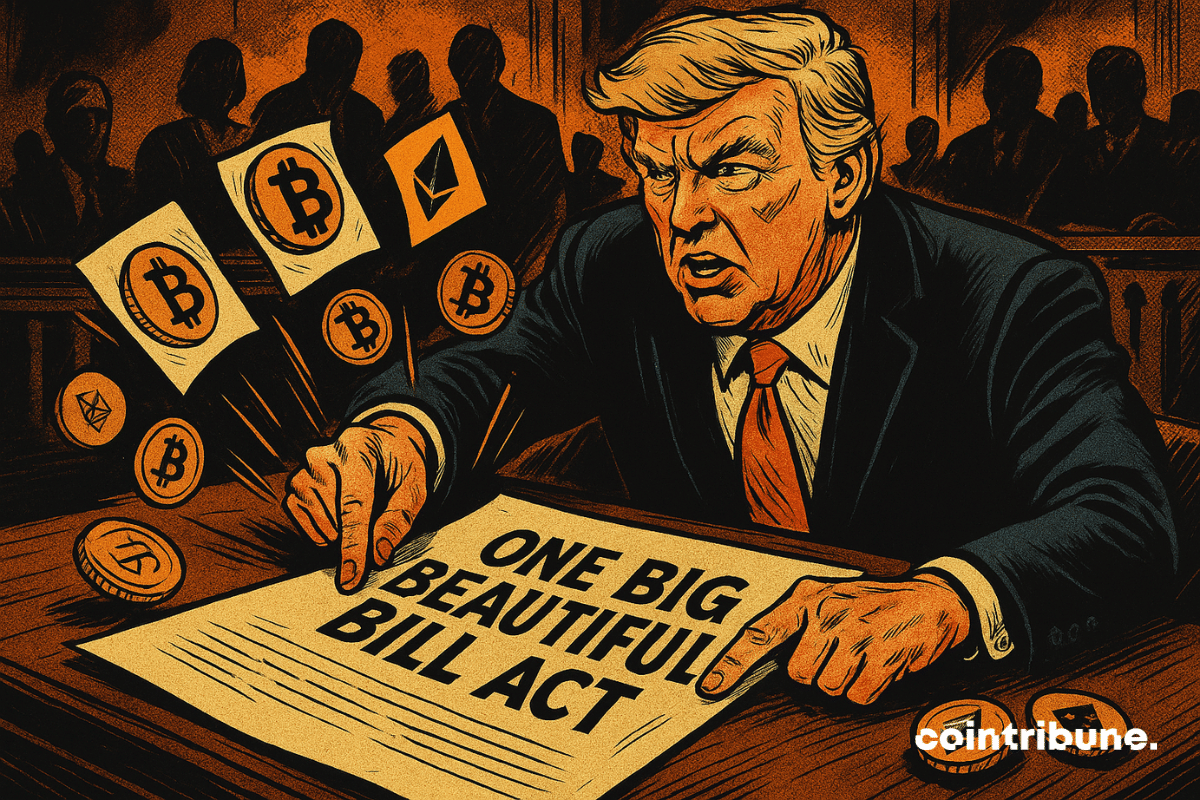 Un frustrado Donald Trump señala un documento legislativo, rodeado de criptodivisas flotantes, en una dramática y enérgica escena.