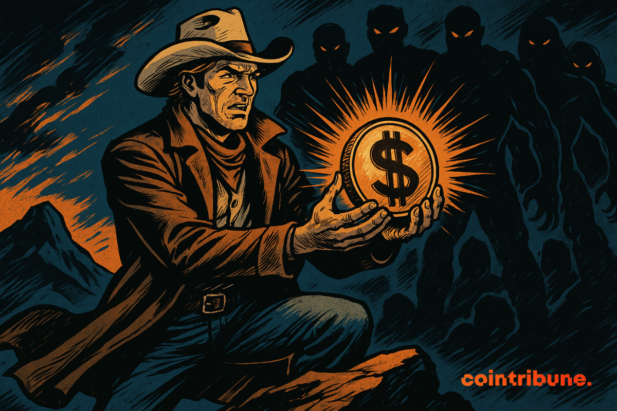 Um cowboy determinado segura uma stablecoin brilhante, desafiando silhuetas ameaçadoras, em uma paisagem escura de tons de laranja e azul.