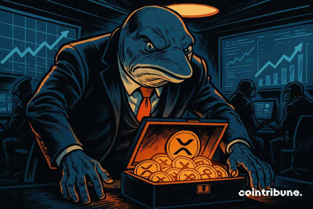 Una ballena humanoide masiva está inclinada hacia adelante, con ambas manos firmemente apoyadas sobre un enorme cofre digital abierto, lleno de criptomonedas XRP brillantes.