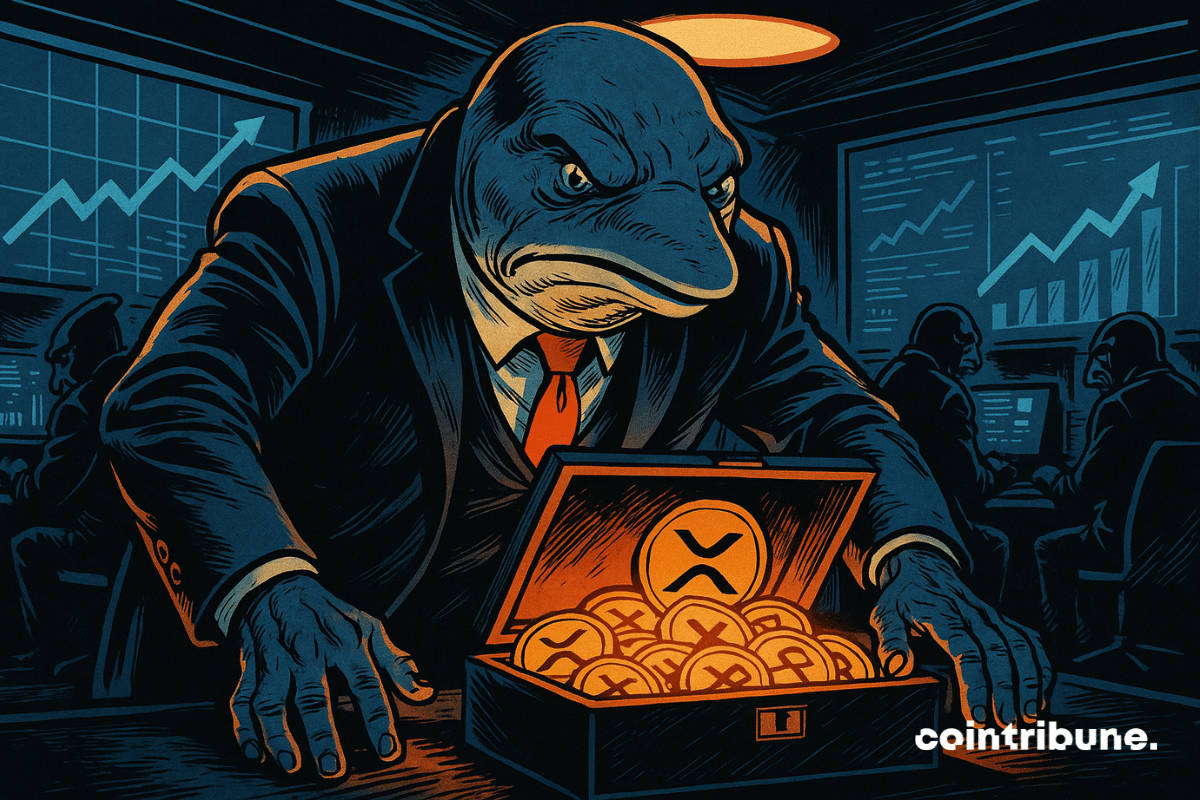Uma baleia humanoide gigantesca está inclinada para frente, com as duas mãos firmemente apoiadas sobre um enorme baú digital aberto, cheio de criptos XRP brilhantes.