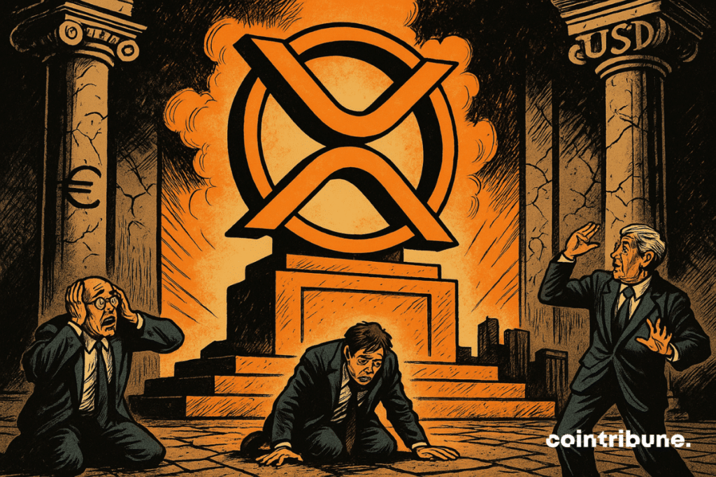 Banqueros clásicos, visiblemente preocupados o desorientados, de rodillas o confundidos. Una estatua gigante del logo de la criptomoneda XRP se encuentra en el centro.