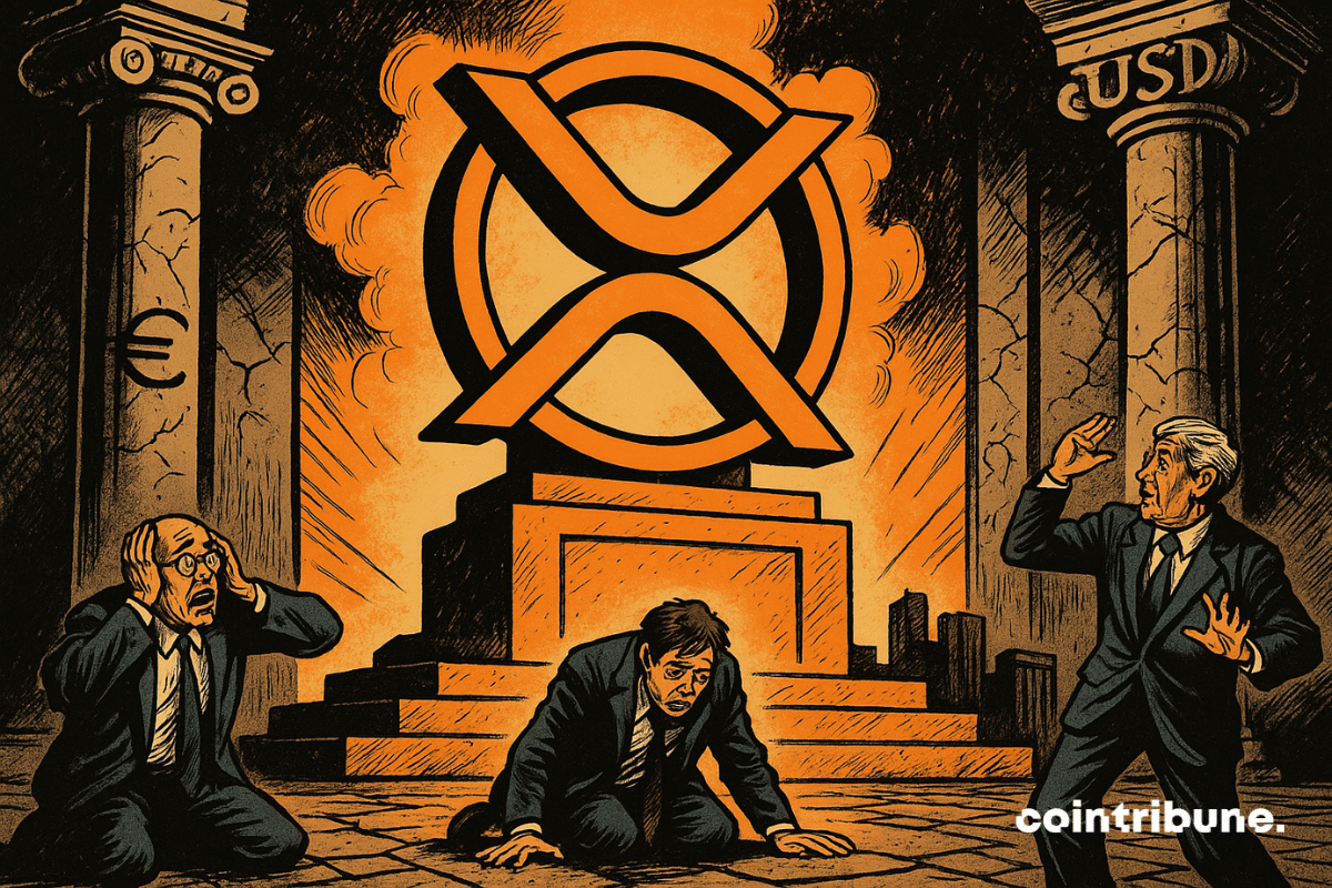 Banqueros clásicos, visiblemente preocupados o desorientados, de rodillas o confundidos. Una estatua gigante del logo de la criptomoneda XRP se encuentra en el centro.