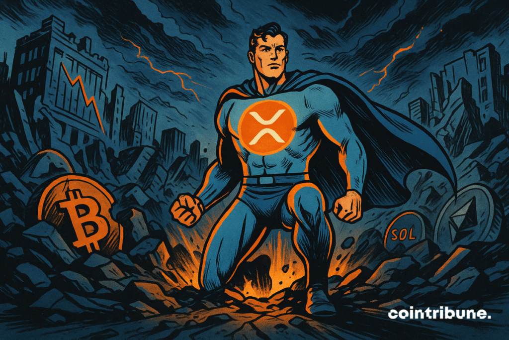 La criptomoneda XRP, personificada como un héroe enmascarado de aspecto pulido y digital, se levanta en el centro de los escombros, en una plaza financiera derrumbada, con edificios en ruinas y gráficos en caída libre.