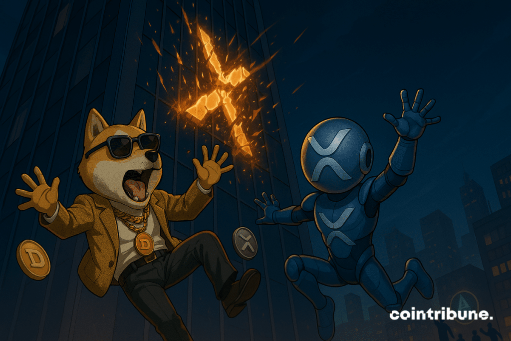 The crash from the top of a crypto skyscraper for XRP and Dogecoin.