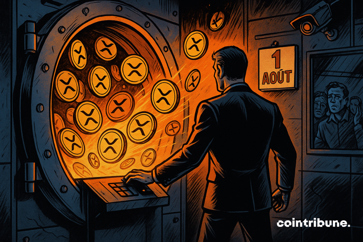 Uma figura vista de costas, representando a Ripple, está diante do cofre, com o braço estendido para frente e a mão sobre um console sensível ao toque embutido na parede. Do cofre entreaberto, escapa um fluxo de criptos XRP brilhantes, flutuando no ar com reflexos metálicos.