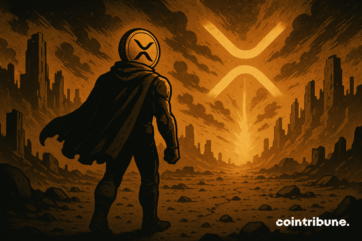 A stylized field of ruins, with a post-apocalyptic or ancient atmosphere, marking the years of waiting and struggle. An XRP hero draped in a flowing dark cape, his slightly robotic body adorned with the XRP logo on his back. He walks gravely, toward a glow on the horizon, a symbol of renewal. On the cracked ground: the number "3.65" is carved into the rock, worn by time but now illuminated by the golden light of the background. Far away in the sky, a stylized luminous "X" shape evoking the XRP crypto symbol shines like a promise finally kept.