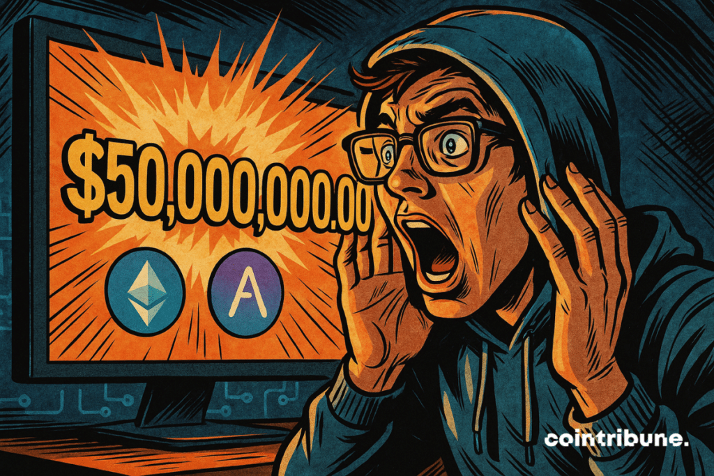Um jovem trader de moletom fica surpreso ao descobrir uma tela exibindo US$ 50 bilhões. Os logotipos do Ethereum e do Aave brilham, ilustrando a explosão espetacular do DeFi.