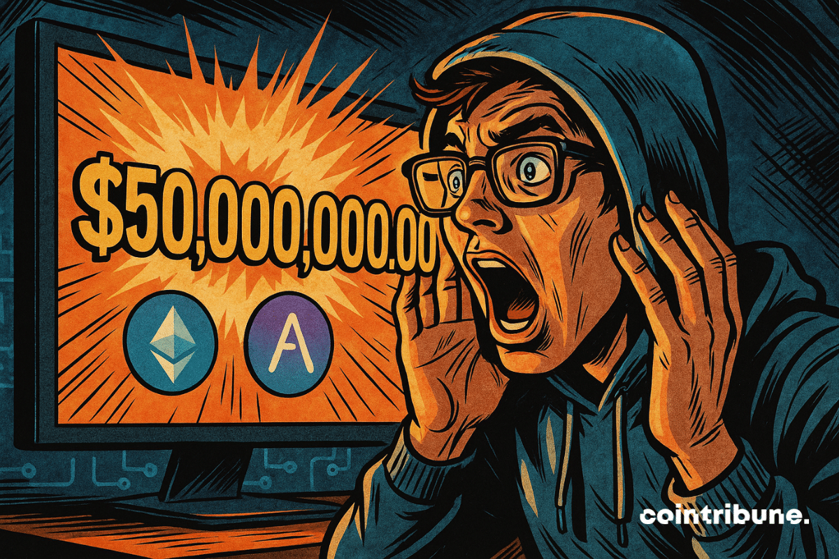 Um jovem trader de moletom fica surpreso ao descobrir uma tela exibindo US$ 50 bilhões. Os logotipos do Ethereum e do Aave brilham, ilustrando a explosão espetacular do DeFi.