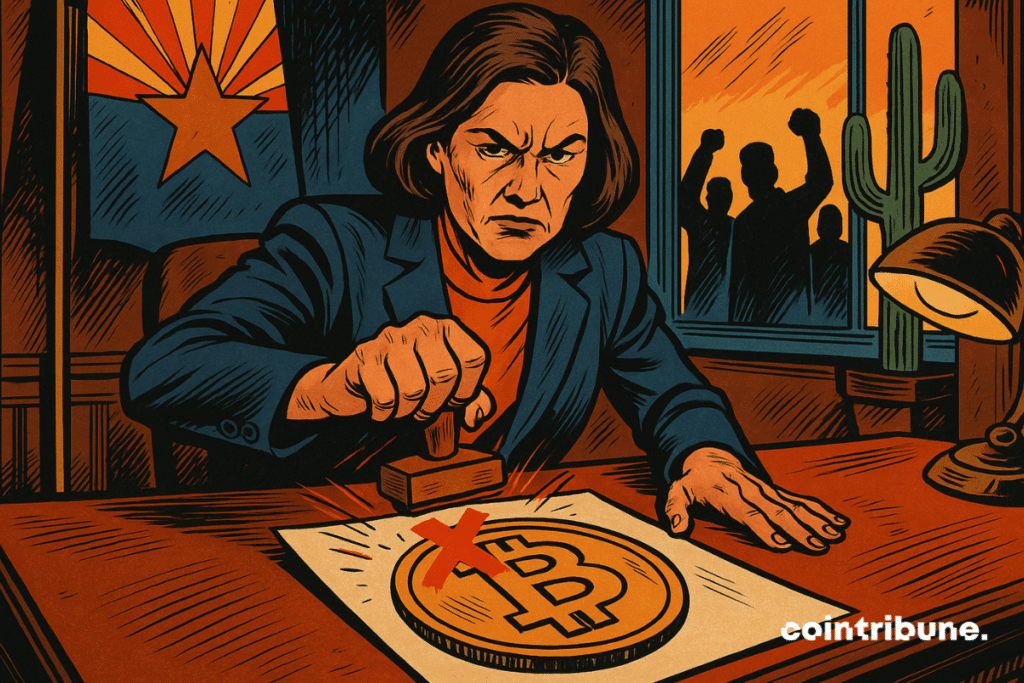 Em um escritório oficial, o governador do Arizona, com uma expressão severa, carimba um documento do Bitcoin, enquanto é observado por manifestantes silhuetas e um deserto em chamas.