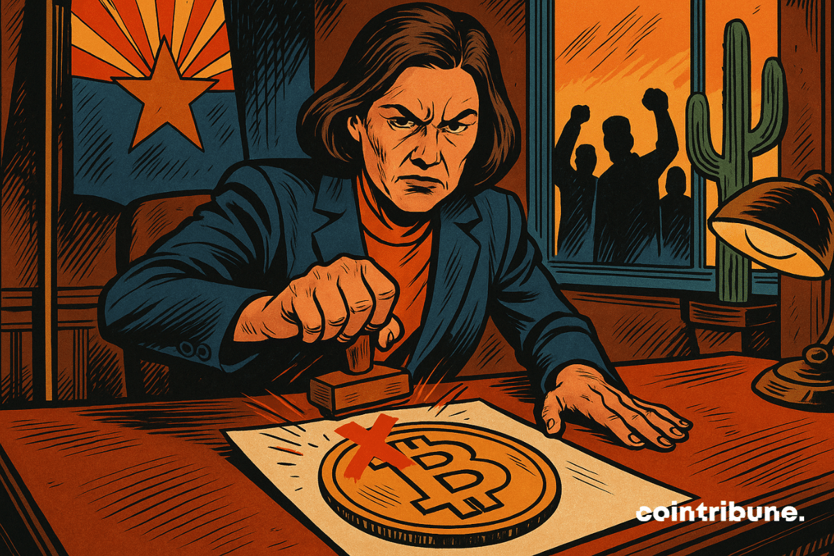 Em um escritório oficial, o governador do Arizona, com uma expressão severa, carimba um documento do Bitcoin, enquanto é observado por manifestantes silhuetas e um deserto em chamas.