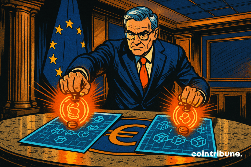 Un haut responsable de la BCE tamponne deux documents blockchain holographiques sur une table marbrée, sous le drapeau européen. L’éclairage orange dramatise cette scène solennelle de validation technologique.