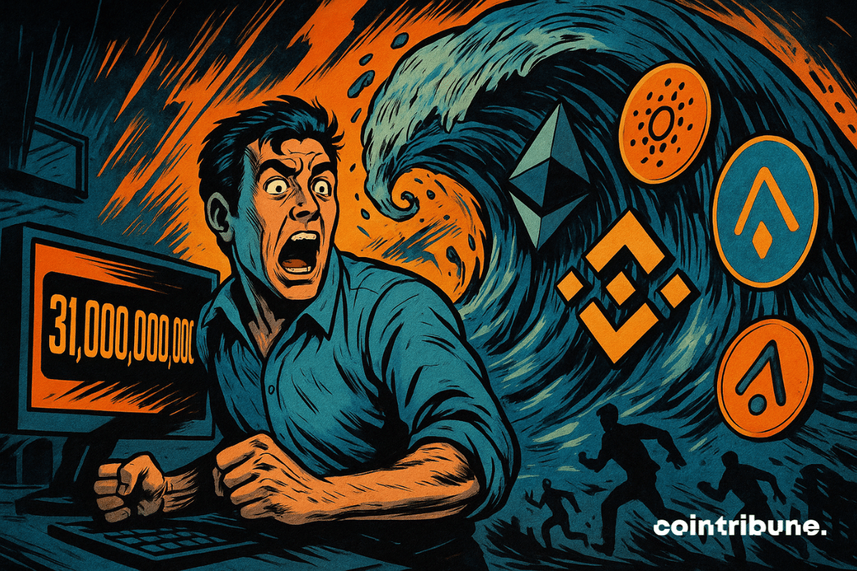 Um trader em pânico enfrenta uma onda de altcoins avançando em sua direção, enquanto uma tela exibe "31.000.000.000". A explosão visual sugere uma corrida iminente às criptomoedas.