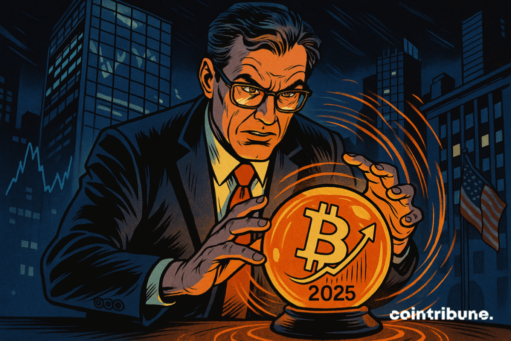 Un analista de TD Cowen, concentrado e impasible, observa una bola de cristal brillante que muestra el símbolo de Bitcoin y el año "2025". La escena, bañada por una luz naranja, tiene lugar en un rascacielos de Nueva York de noche, con las tendencias del mercado de valores y una bandera estadounidense ondeando de fondo. Una atmósfera tensa y profética, en la encrucijada de las finanzas y la adivinación.