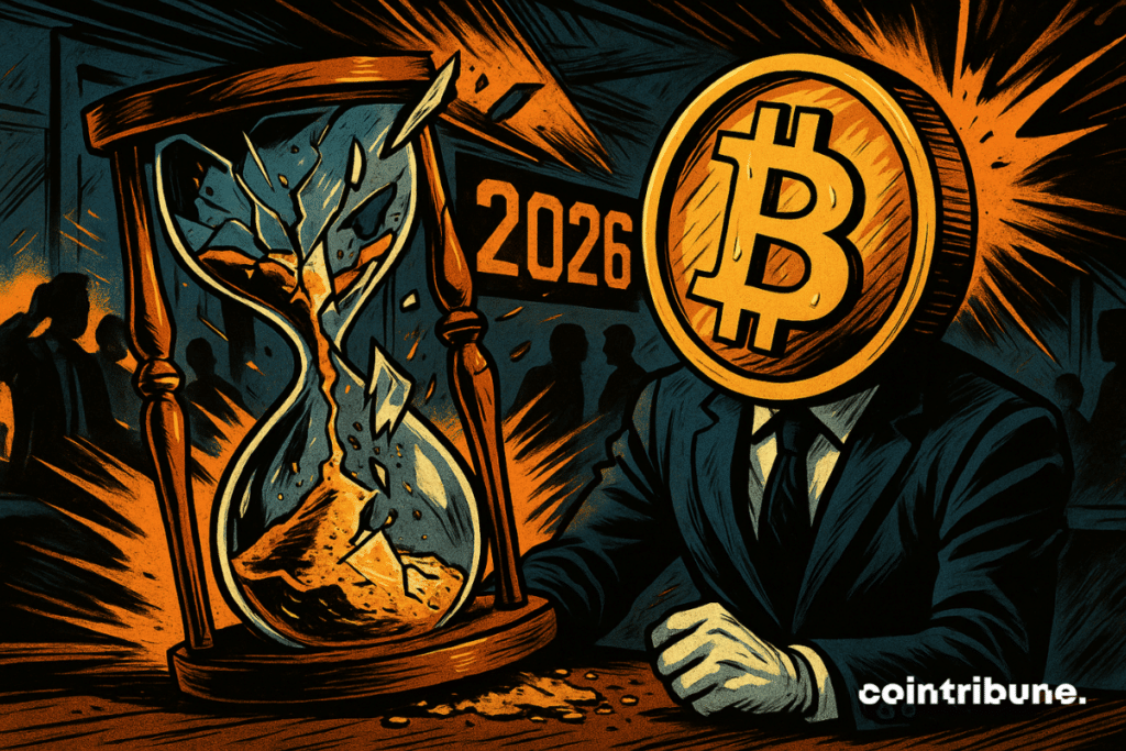 Bitcoin em traje observa uma ampulheta explodida, símbolo de um ciclo quebrado. Ao fundo, “2026” brilha, anunciando uma ruptura iminente e histórica.