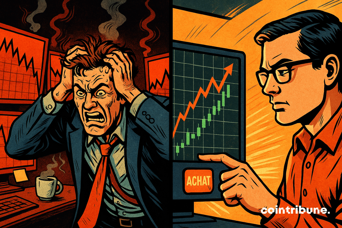 Um trader de Bitcoin em pânico diante de uma queda do mercado contrasta com um investidor calmo pressionando "COMPRAR", ilustrando o choque emocional entre a capitulação e a estratégia DCA durante uma reversão.