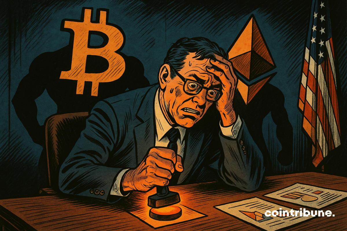 Um regulador preocupado se prepara para carimbar um documento, sobrecarregado pelas sombras iminentes do Bitcoin e do Ethereum. A atmosfera dramática sugere a intensa pressão sob a qual a SEC está.