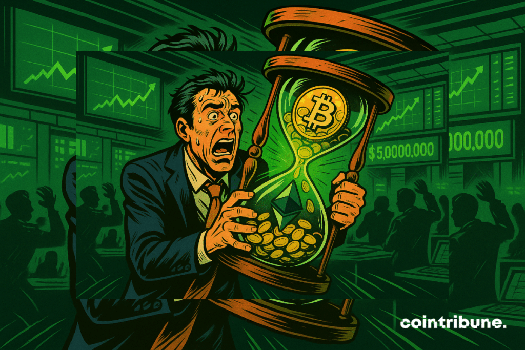 Um trader em pânico agarra uma ampulheta transbordando de Bitcoin e Ethereum. As telas exibem uma alta explosiva de US$ 5 bilhões. A atmosfera tensa reflete a urgência de um mercado em ebulição.