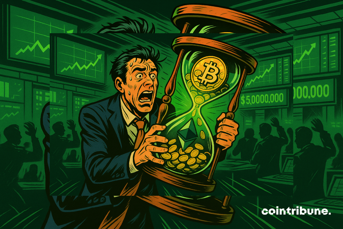 A panicked trader clutches an hourglass overflowing with Bitcoin and Ethereum. The screens display an explosive rise of $5 billion. The tense atmosphere reflects the urgency of a boiling market.